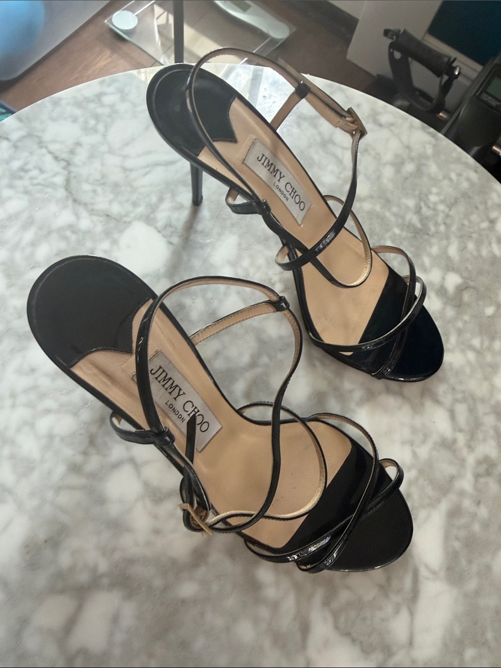 Jimmy Choo Dark Navy Patent Leather Sandals - like new on top, scuffed soles - Picture 8 of 12